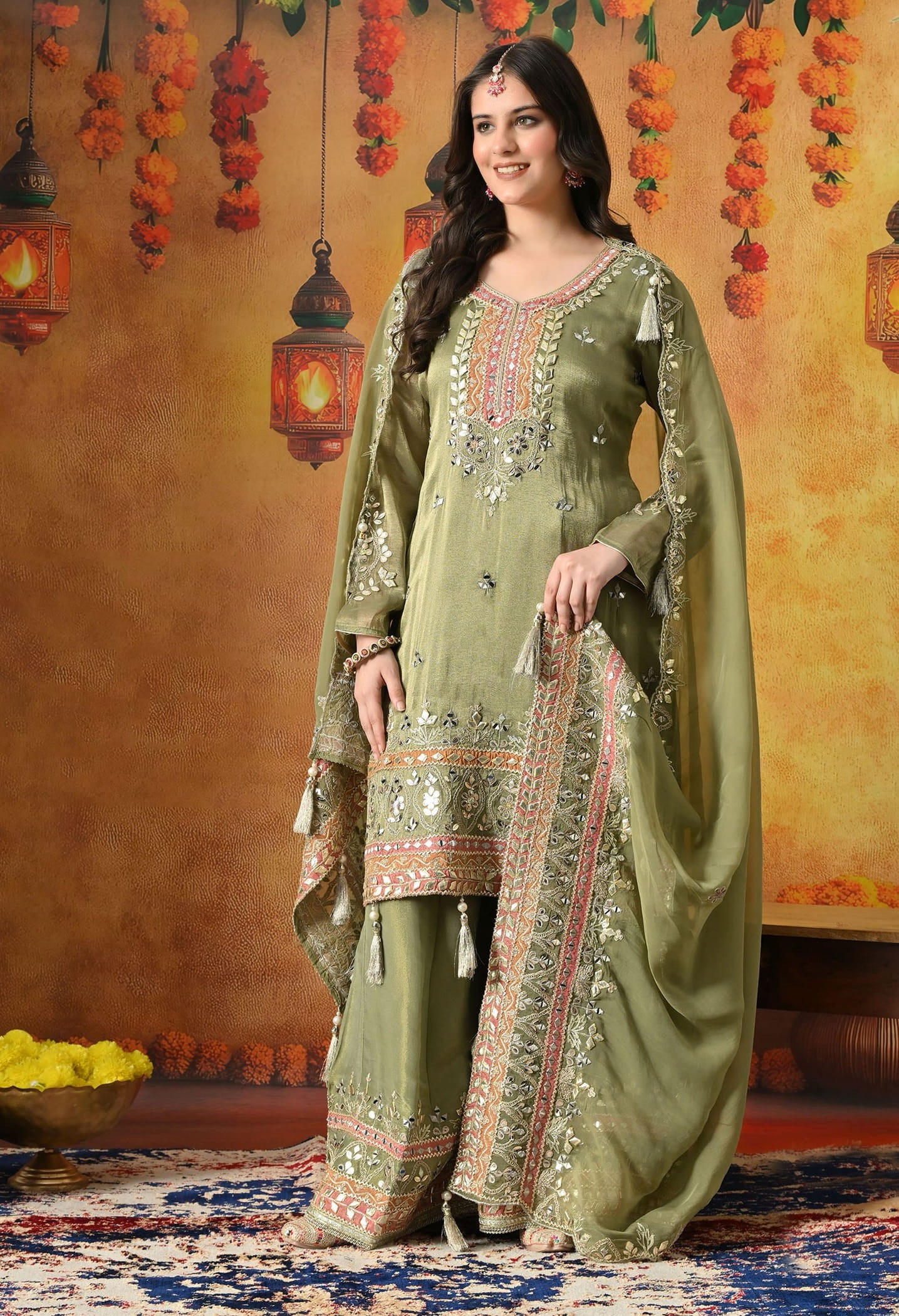 Green Sharara Set with Gotta, Zardozi, Applique & Mirror Work.