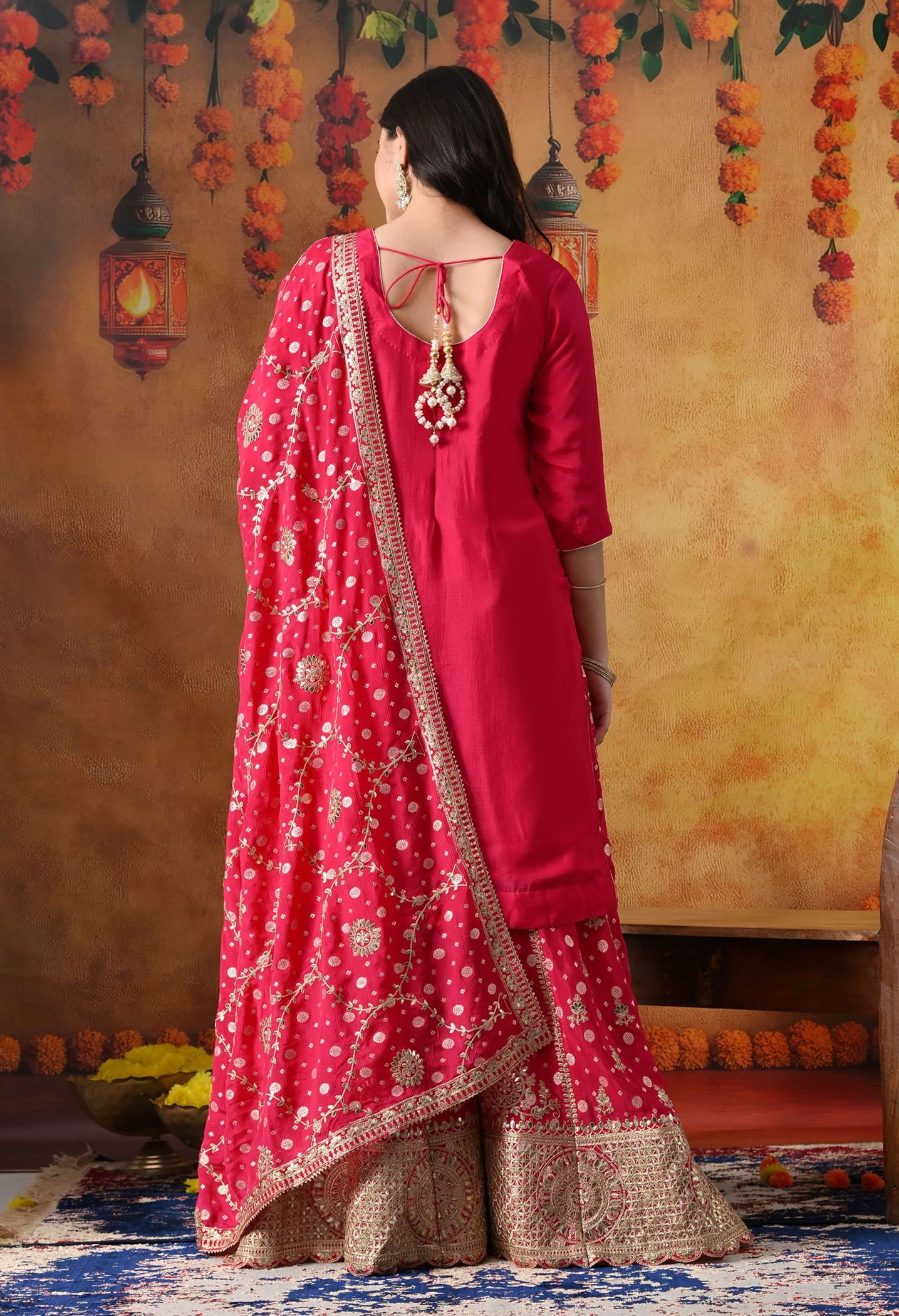 Hot Pink Chiffon Sharara Set with intricate gotta, zardozi, sequin, and cutdana work, paired with a Banarasi chiffon dupatta