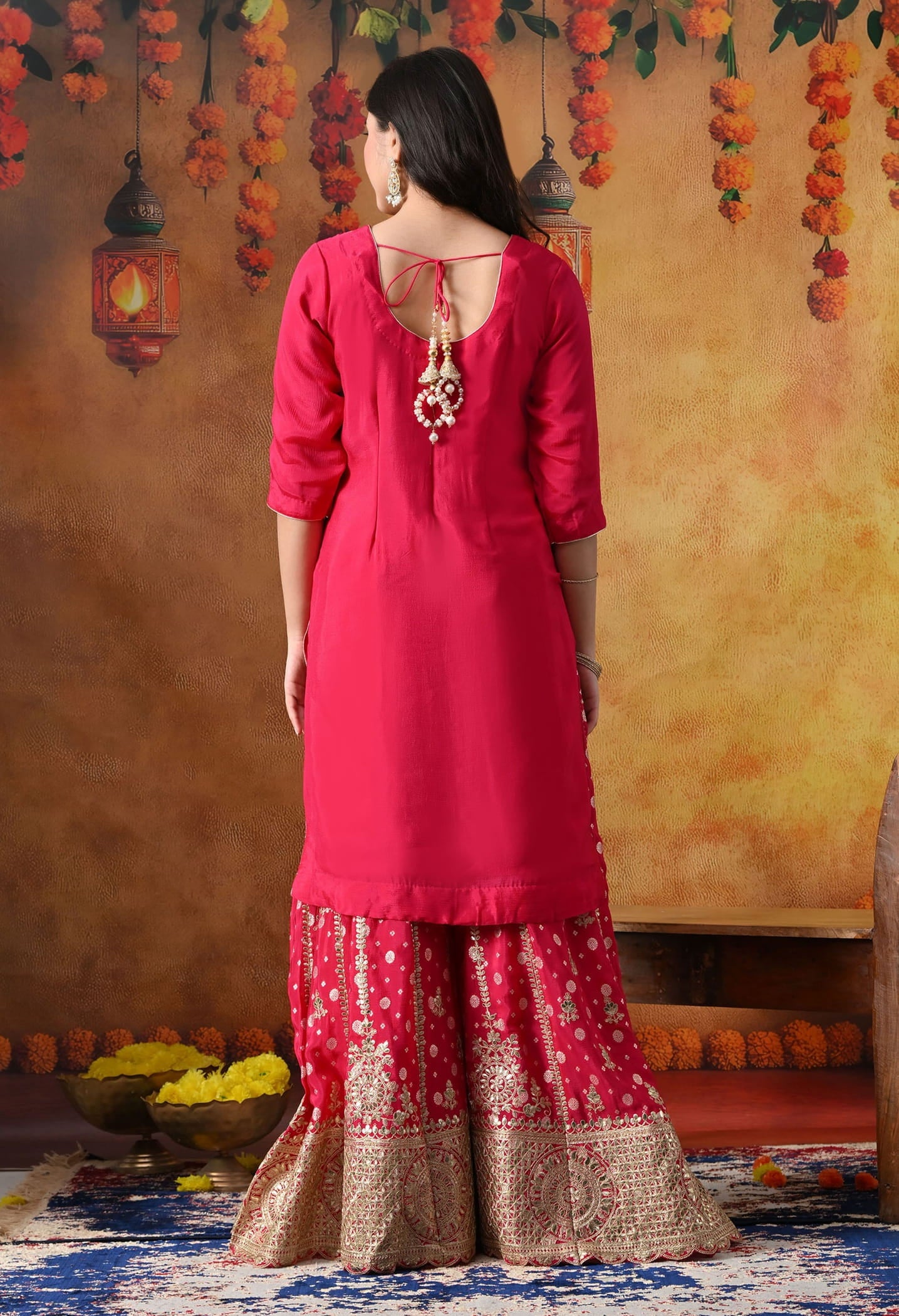 Hot Pink Chiffon Sharara Set with intricate gotta, zardozi, sequin, and cutdana work, paired with a Banarasi chiffon dupatta