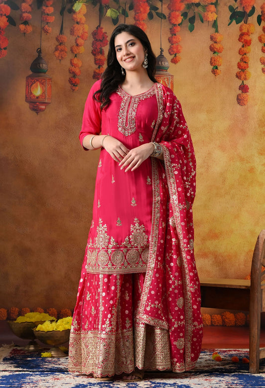 Hot Pink Chiffon Sharara Set with intricate gotta, zardozi, sequin, and cutdana work, paired with a Banarasi chiffon dupatta