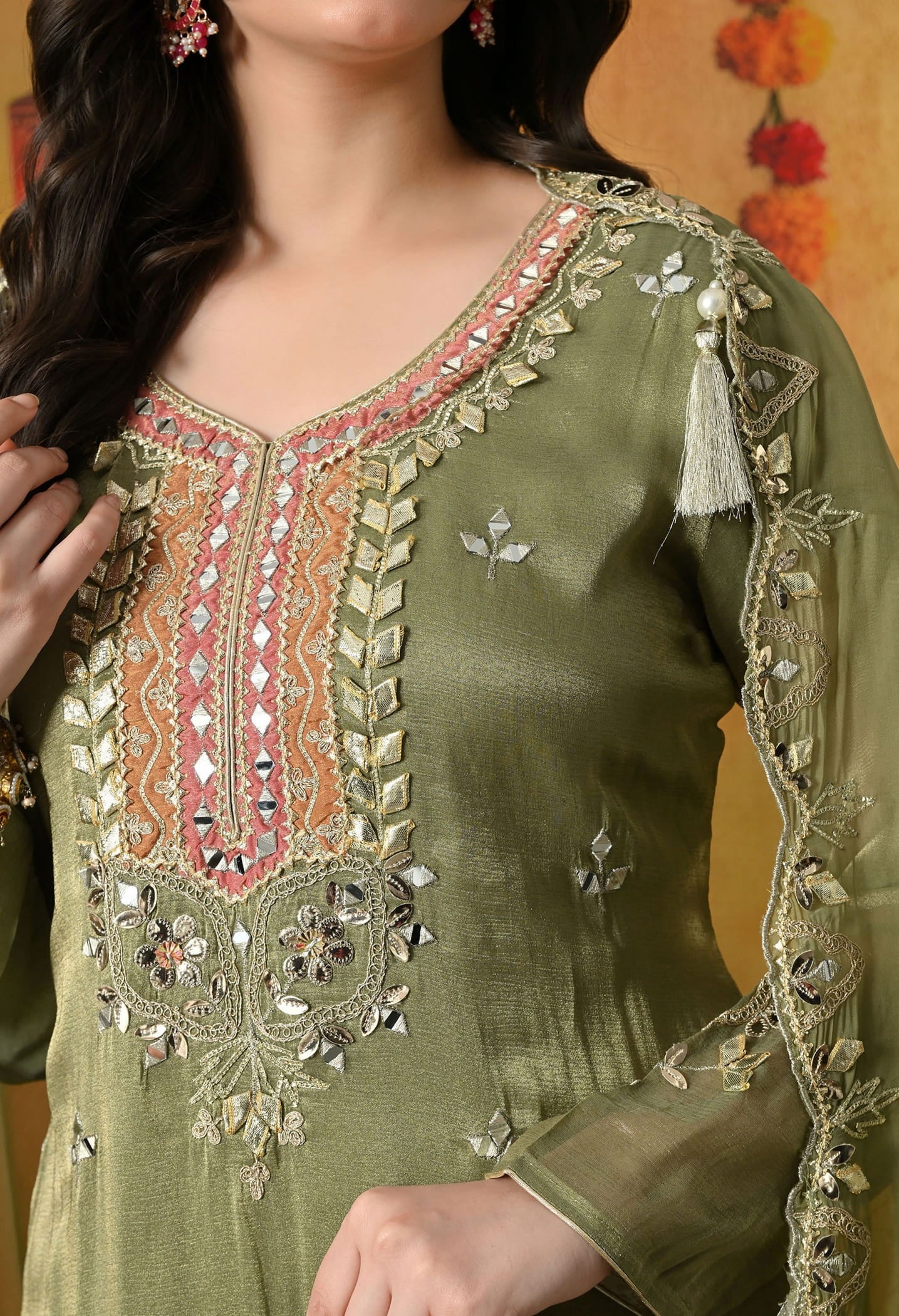 Green Sharara Set with Gotta, Zardozi, Applique & Mirror Work.