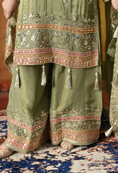 Green Sharara Set with Gotta, Zardozi, Applique & Mirror Work.