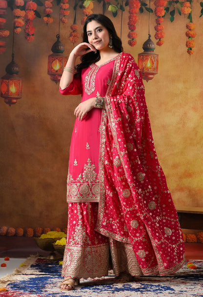 Hot Pink Chiffon Sharara Set with intricate gotta, zardozi, sequin, and cutdana work, paired with a Banarasi chiffon dupatta