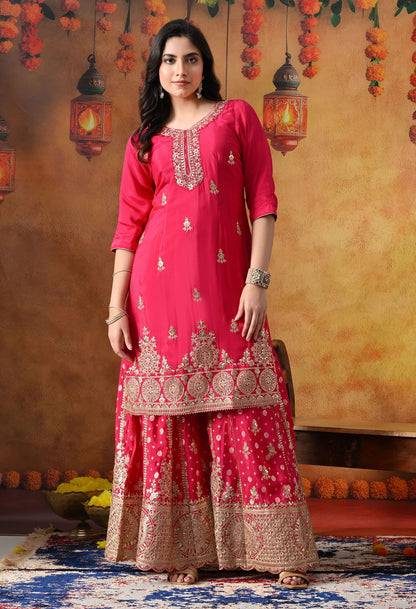 Hot Pink Chiffon Sharara Set with intricate gotta, zardozi, sequin, and cutdana work, paired with a Banarasi chiffon dupatta