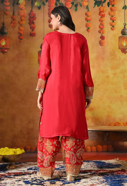 Red Kurta Set with Zardozi, Sequin & Applique Work.