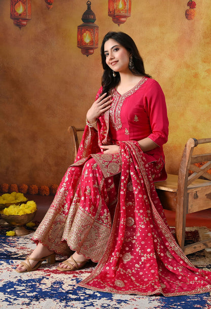 Hot Pink Chiffon Sharara Set with intricate gotta, zardozi, sequin, and cutdana work, paired with a Banarasi chiffon dupatta