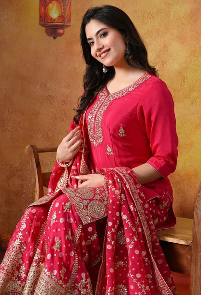 Hot Pink Chiffon Sharara Set with intricate gotta, zardozi, sequin, and cutdana work, paired with a Banarasi chiffon dupatta