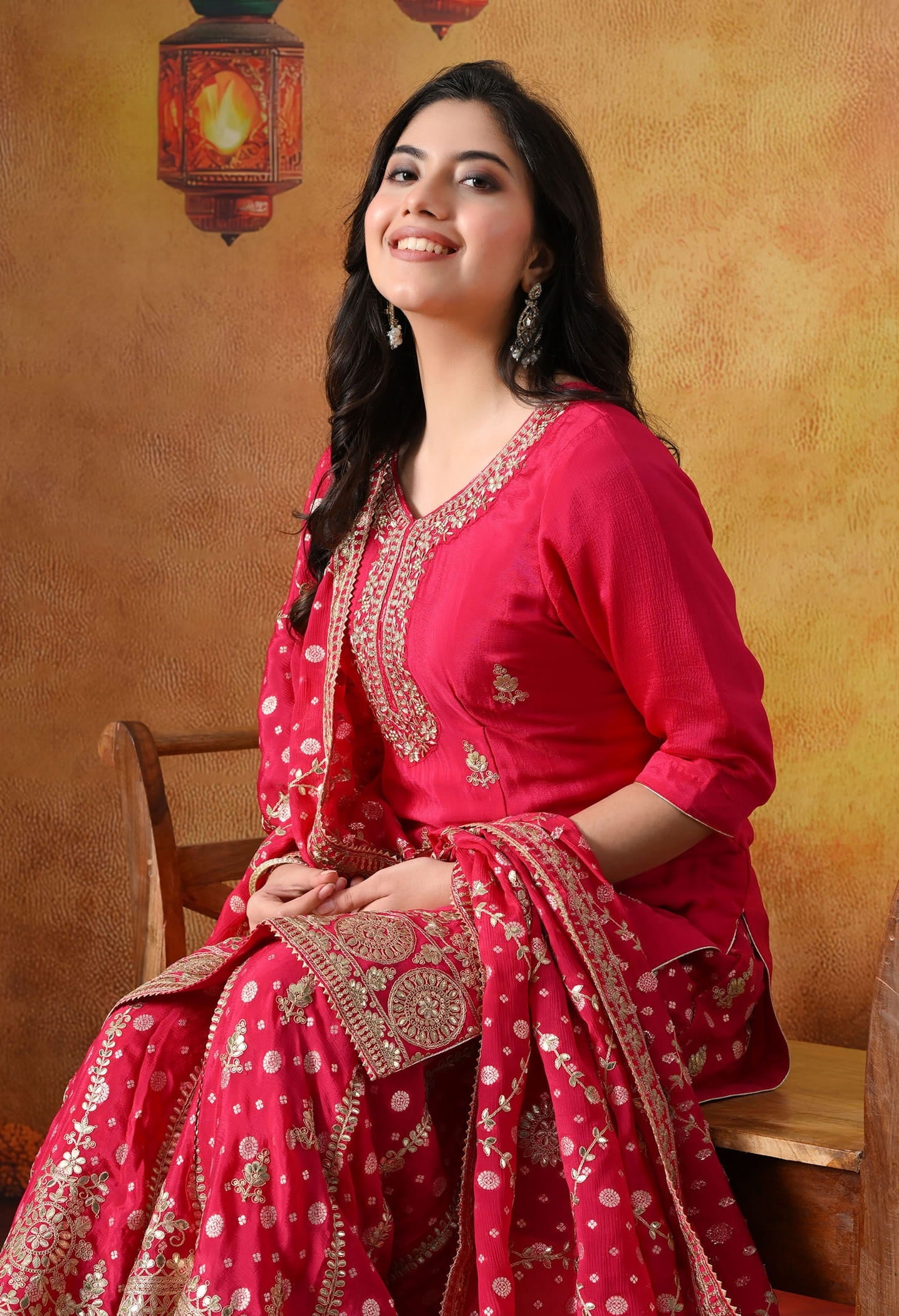 Hot Pink Chiffon Sharara Set with intricate gotta, zardozi, sequin, and cutdana work, paired with a Banarasi chiffon dupatta