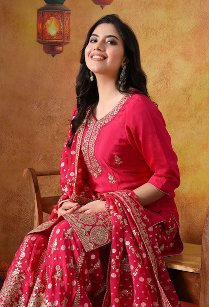 Hot Pink Chiffon Sharara Set with intricate gotta, zardozi, sequin, and cutdana work, paired with a Banarasi chiffon dupatta