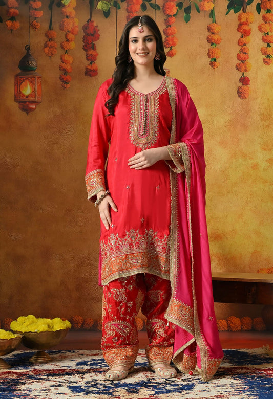 Red Kurta Set with Zardozi, Sequin & Applique Work.