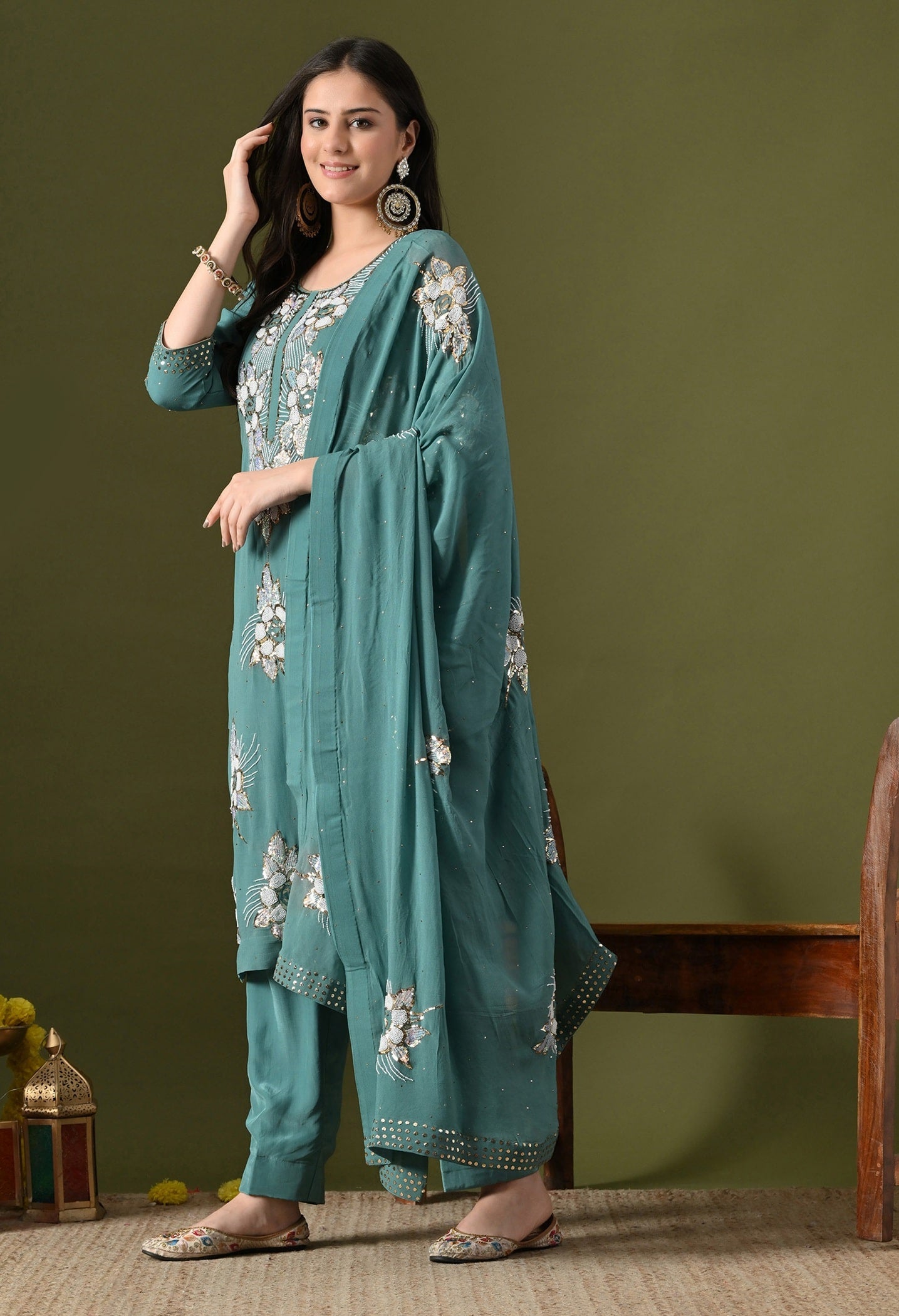 Pista Green Kurta Set with Mukaish Work