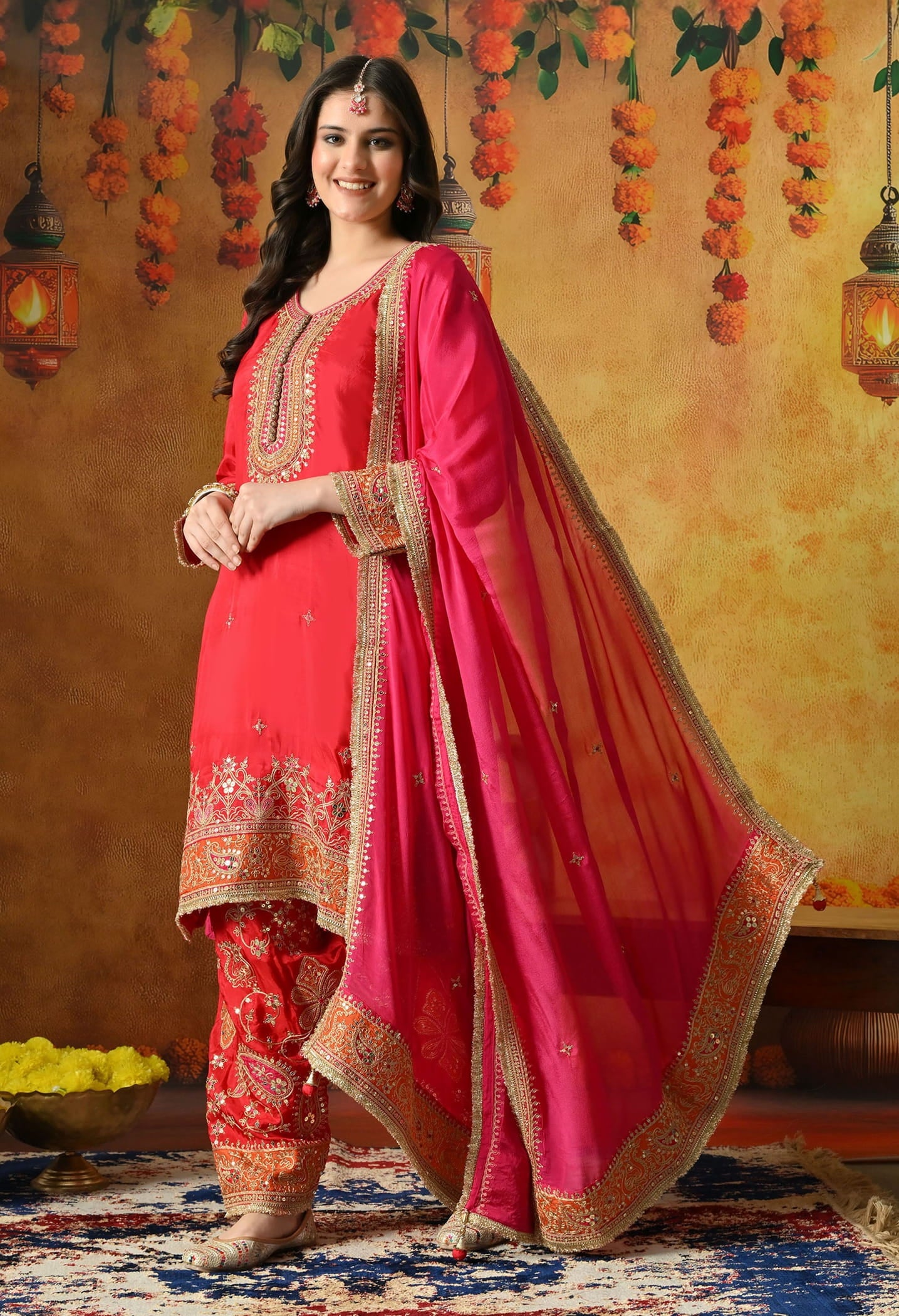 Red Kurta Set with Zardozi, Sequin & Applique Work.