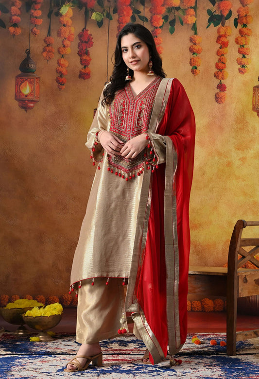 Golden Banarasi Silk Kurta Set with intricate zardozi, pearl, and dabka work, paired with a contrasting red organza dupatta and tissue silk palazzo