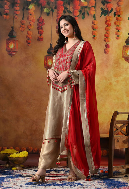 Golden Banarasi Silk Kurta Set with intricate zardozi, pearl, and dabka work, paired with a contrasting red organza dupatta and tissue silk palazzo