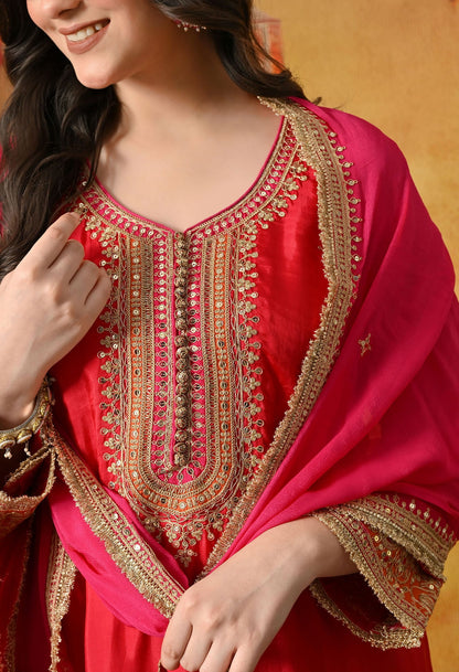 Red Kurta Set with Zardozi, Sequin & Applique Work.