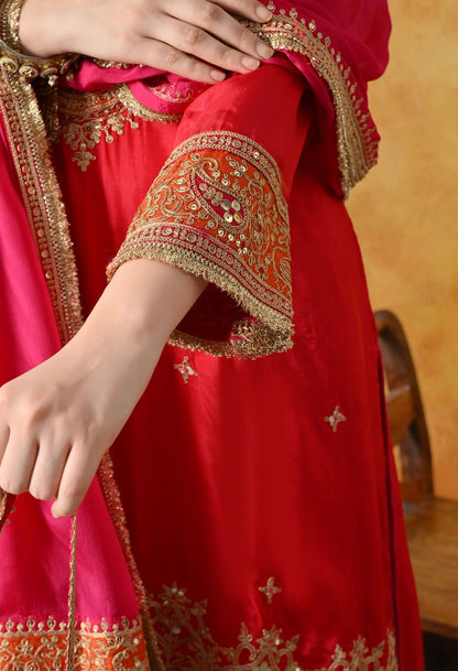 Red Kurta Set with Zardozi, Sequin & Applique Work.
