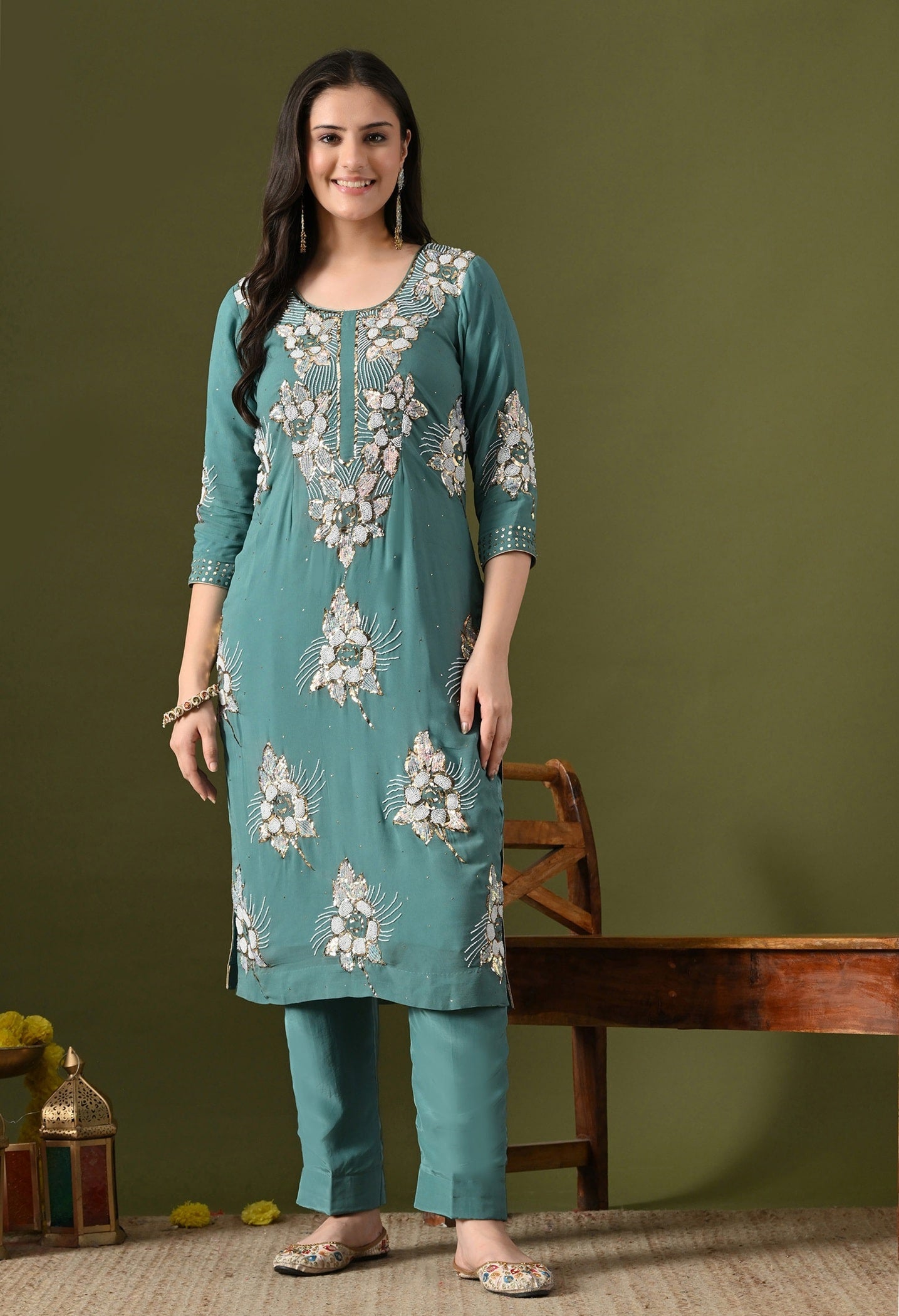 Pista Green Kurta Set with Mukaish Work
