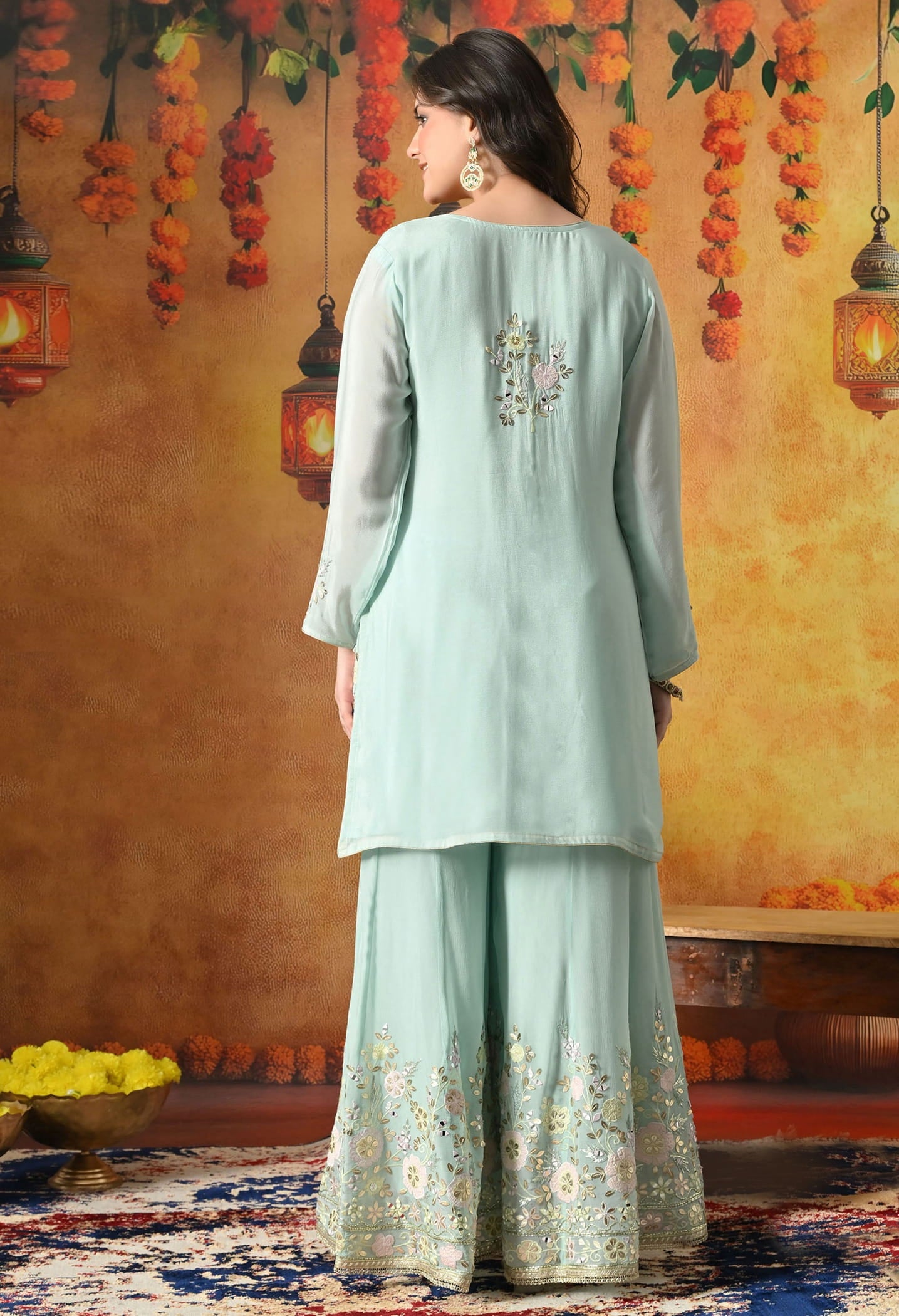 Light Green Sharara Set with Gotta, Applique, Thread & Mirror Work.