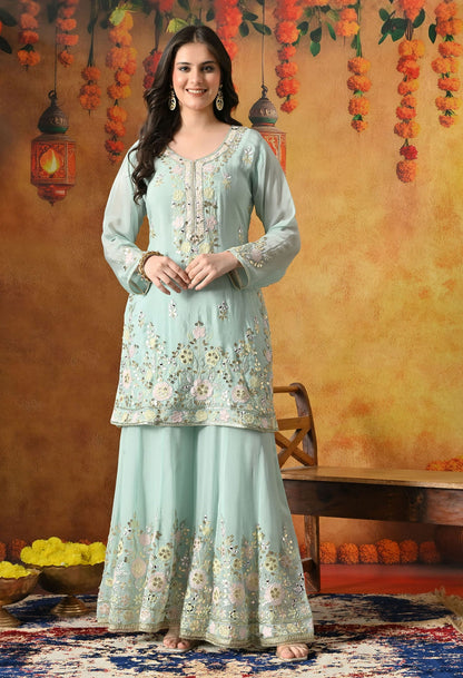 Light Green Sharara Set with Gotta, Applique, Thread & Mirror Work.