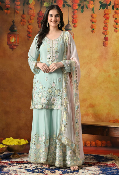Light Green Sharara Set with Gotta, Applique, Thread & Mirror Work.