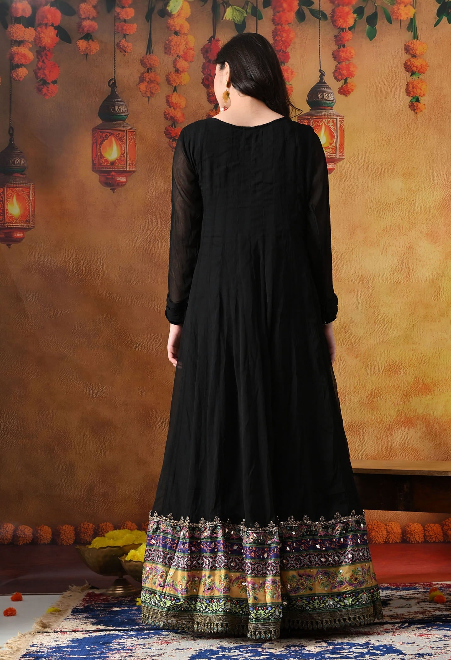 Black Chiffon Anarkali Set with intricate mirror, gotta, and sequin work, paired with a net dupatta and satin silk churidar