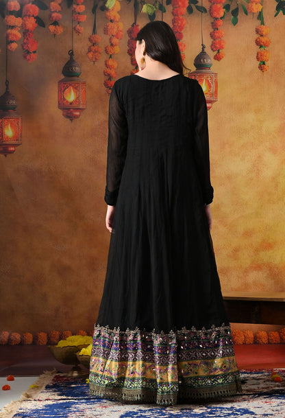 Black Chiffon Anarkali Set with intricate mirror, gotta, and sequin work, paired with a net dupatta and satin silk churidar