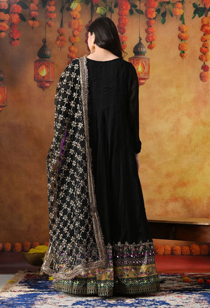 Black Chiffon Anarkali Set with intricate mirror, gotta, and sequin work, paired with a net dupatta and satin silk churidar