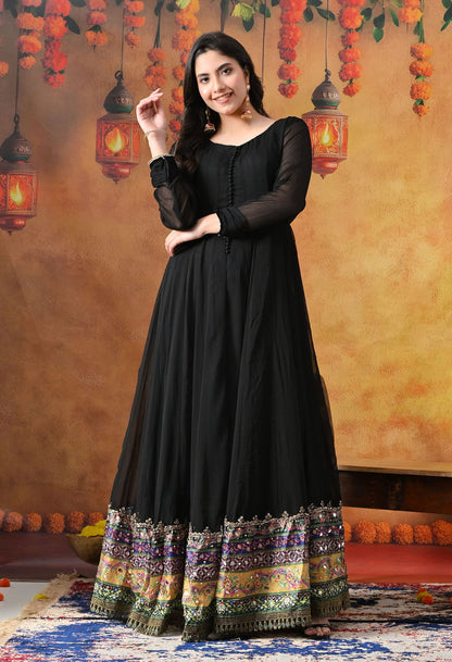 Black Chiffon Anarkali Set with intricate mirror, gotta, and sequin work, paired with a net dupatta and satin silk churidar