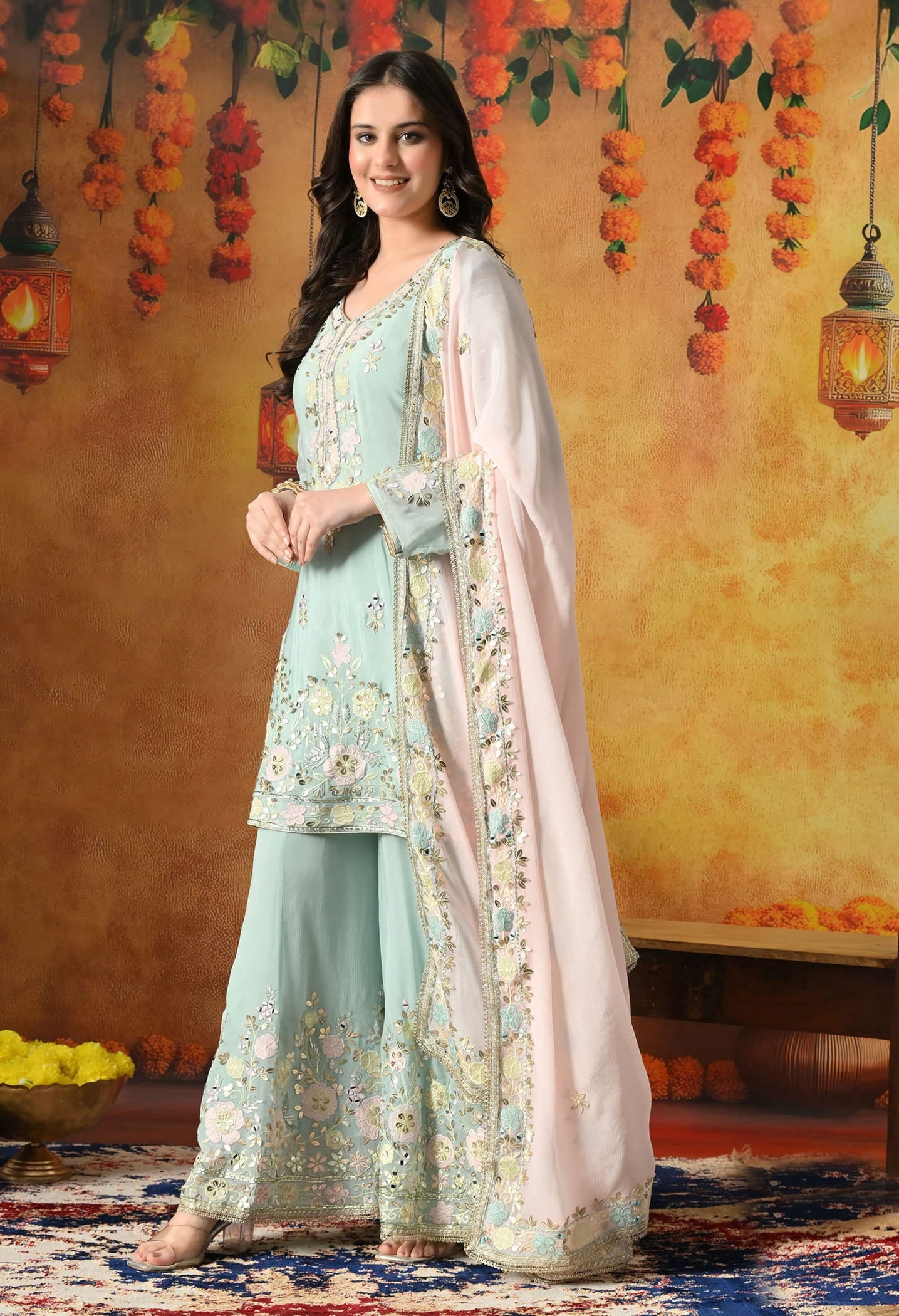 Light Green Sharara Set with Gotta, Applique, Thread & Mirror Work.