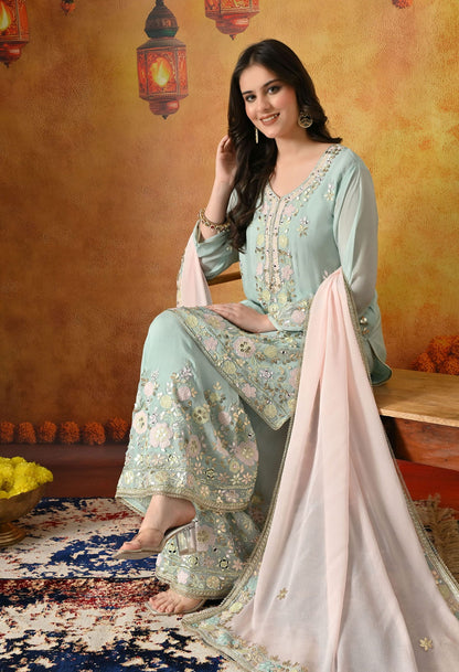 Light Green Sharara Set with Gotta, Applique, Thread & Mirror Work.