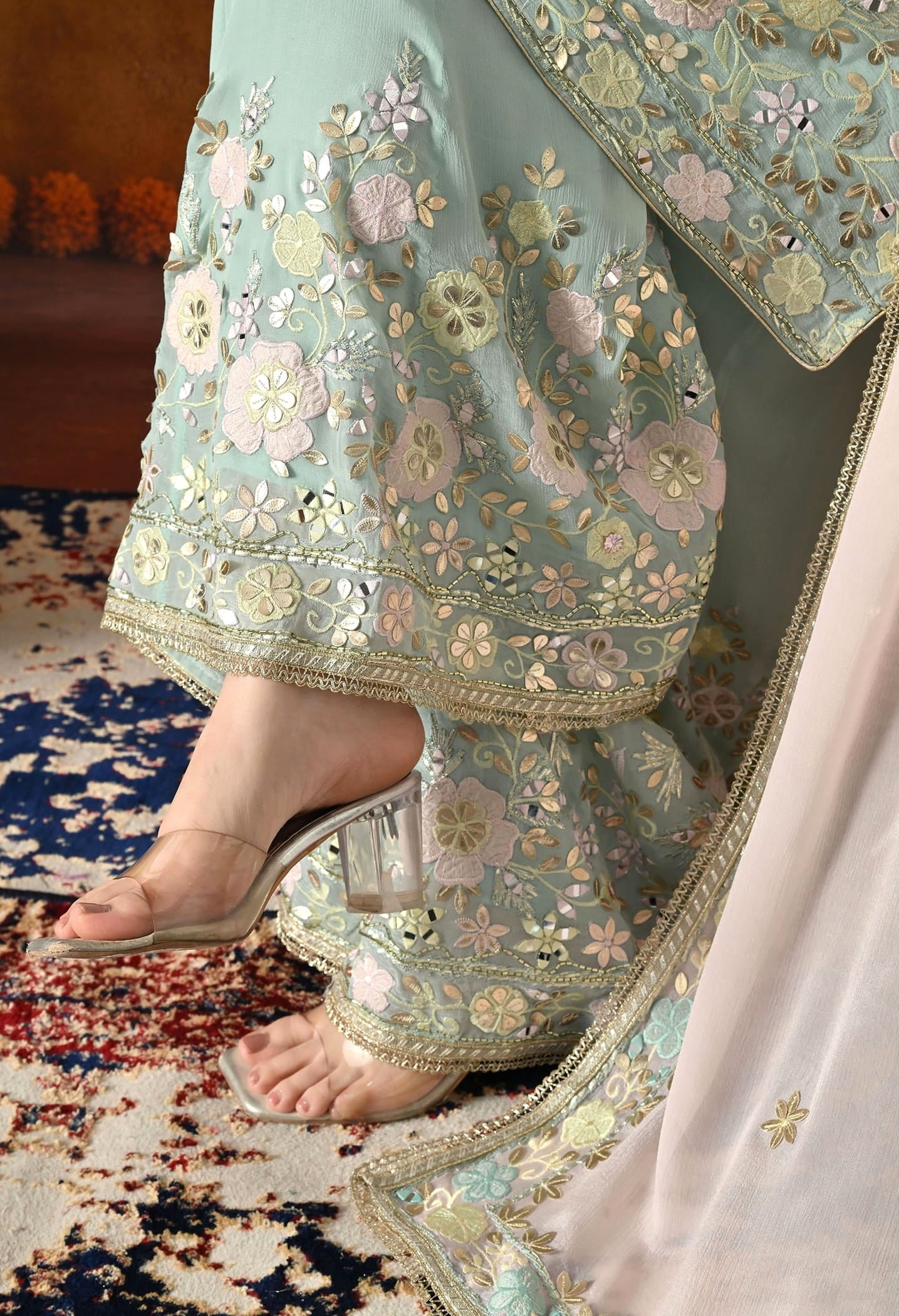 Light Green Sharara Set with Gotta, Applique, Thread & Mirror Work.