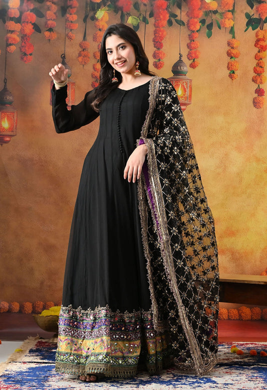 Black Chiffon Anarkali Set with intricate mirror, gotta, and sequin work, paired with a net dupatta and satin silk churidar