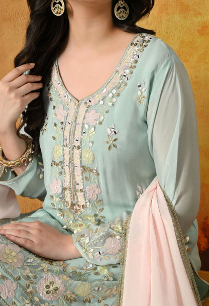 Light Green Sharara Set with Gotta, Applique, Thread & Mirror Work.
