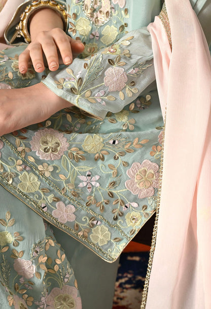 Light Green Sharara Set with Gotta, Applique, Thread & Mirror Work.