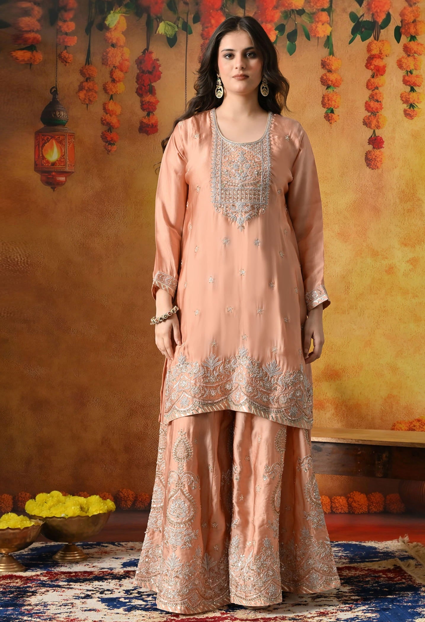 Peach Sharara Set with Zardozi, Sequin & Pearl Work.