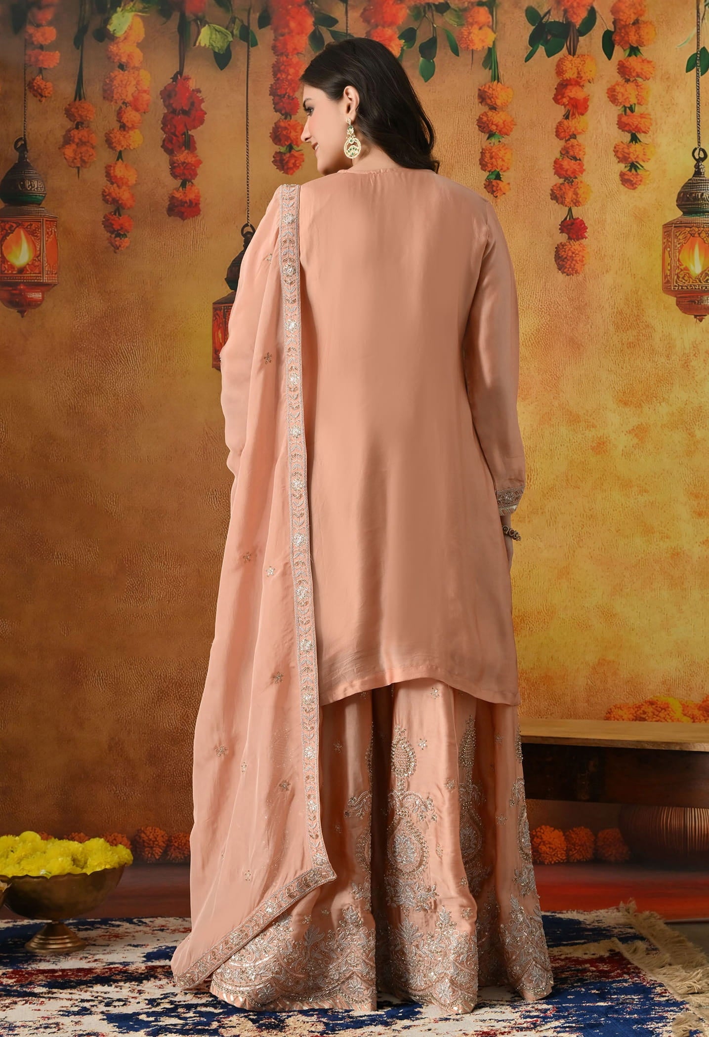 Peach Sharara Set with Zardozi, Sequin & Pearl Work.