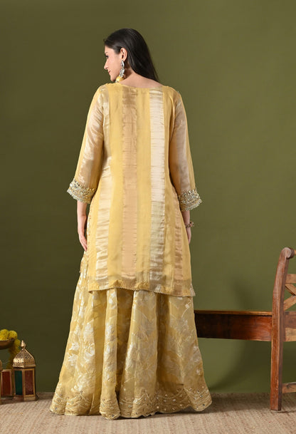 Light Yellow Tissue Organza Sharara Set with Gotta, Zardozi & Mirror Embroidery.