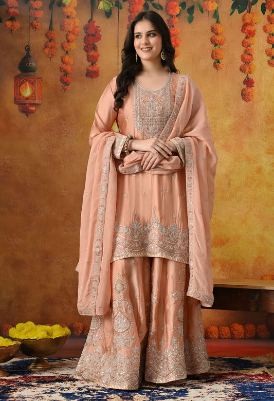 Peach Sharara Set with Zardozi, Sequin & Pearl Work.