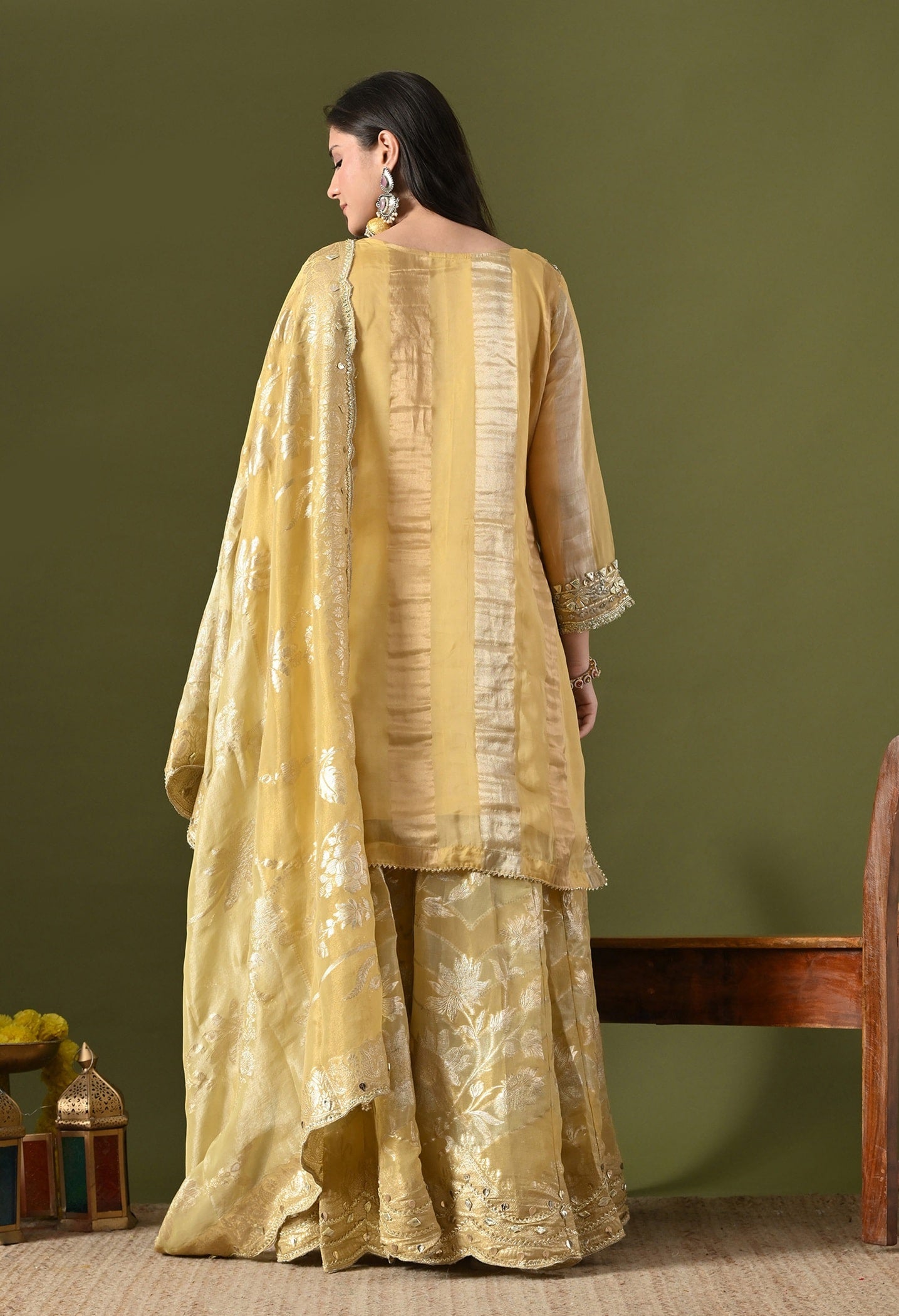 Light Yellow Tissue Organza Sharara Set with Gotta, Zardozi & Mirror Embroidery.