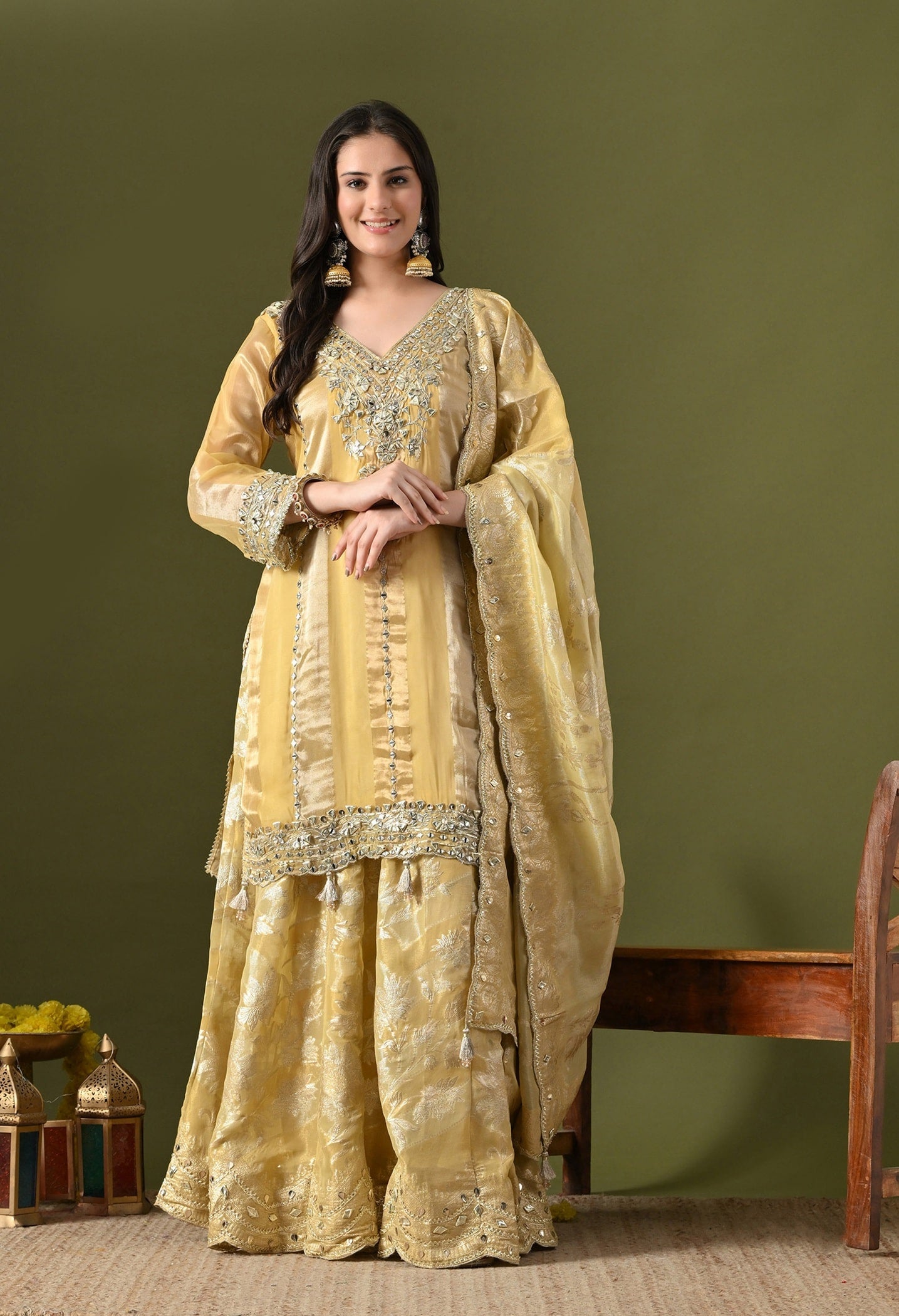 Light Yellow Tissue Organza Sharara Set with Gotta, Zardozi & Mirror Embroidery.
