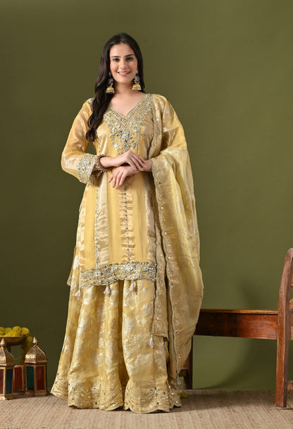 Light Yellow Tissue Organza Sharara Set with Gotta, Zardozi & Mirror Embroidery.