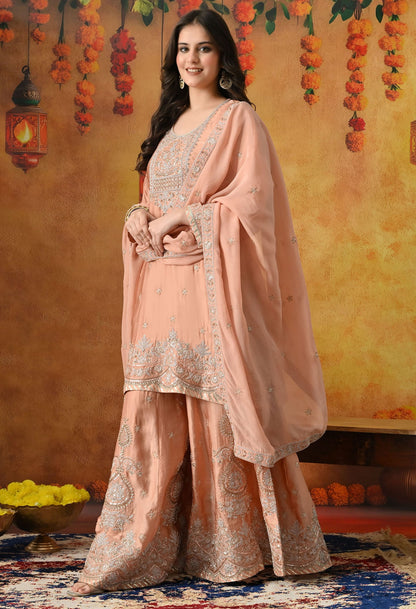 Peach Sharara Set with Zardozi, Sequin & Pearl Work.