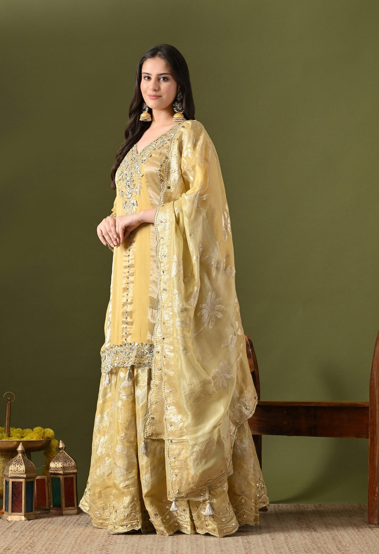 Light Yellow Tissue Organza Sharara Set with Gotta, Zardozi & Mirror Embroidery.