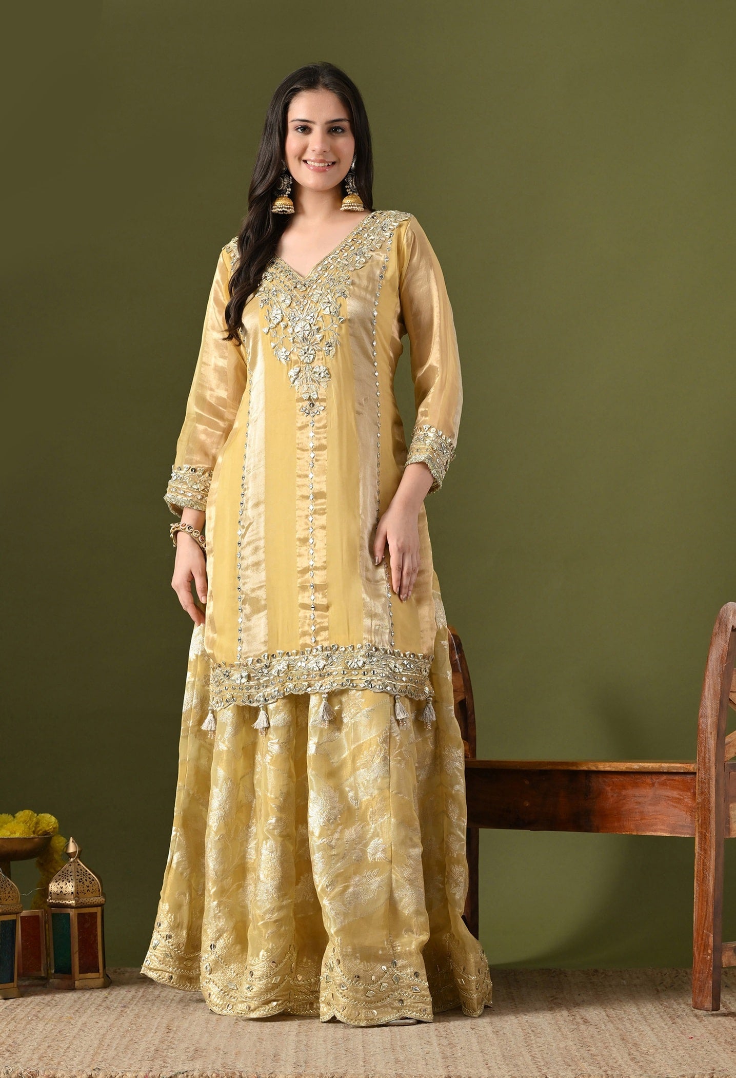 Light Yellow Tissue Organza Sharara Set with Gotta, Zardozi & Mirror Embroidery.