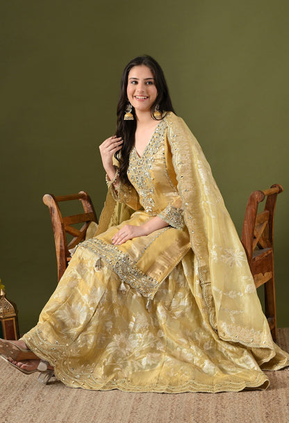 Light Yellow Tissue Organza Sharara Set with Gotta, Zardozi & Mirror Embroidery.