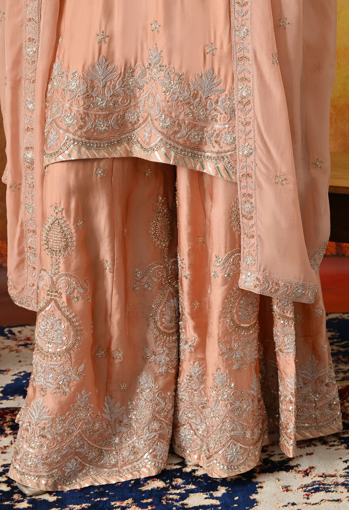 Peach Sharara Set with Zardozi, Sequin & Pearl Work.