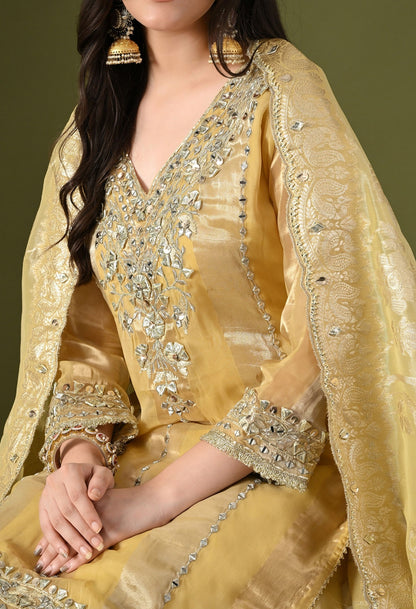 Light Yellow Tissue Organza Sharara Set with Gotta, Zardozi & Mirror Embroidery.