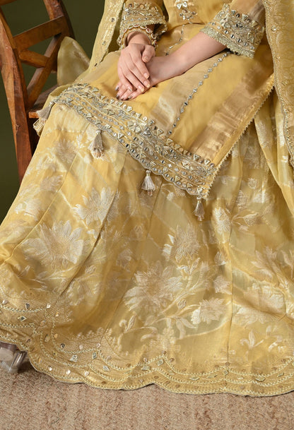 Light Yellow Tissue Organza Sharara Set with Gotta, Zardozi & Mirror Embroidery.