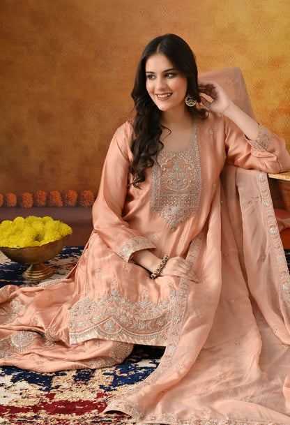 Peach Sharara Set with Zardozi, Sequin & Pearl Work.