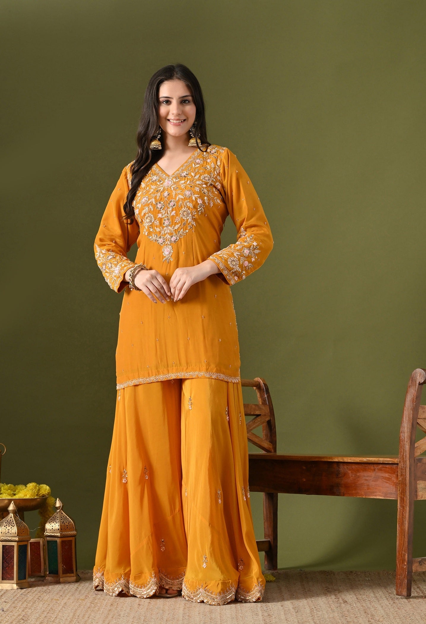 Mustard Yellow Sharara Set with Zardozi & Sequins Work